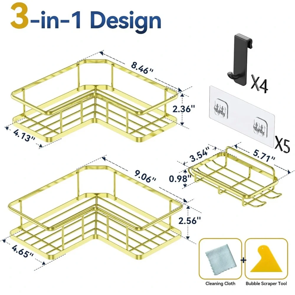 Rustproof Bathroom Corner Shower Caddy Organizer, 3 Pack Self-Adhesive Shelves